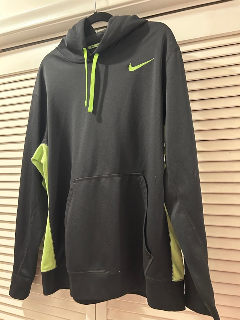 Nike Black Hoodie with Neon Green Accents and Swoosh. XL